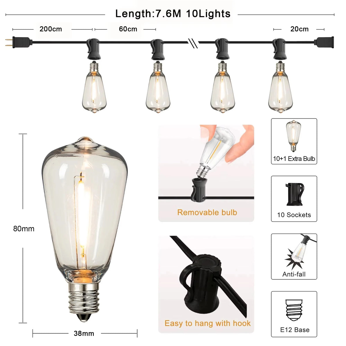Connectable Shatterproof Waterproof Plastic LED Bulb Dimmable Patio Garden Decor Fairy Lighst