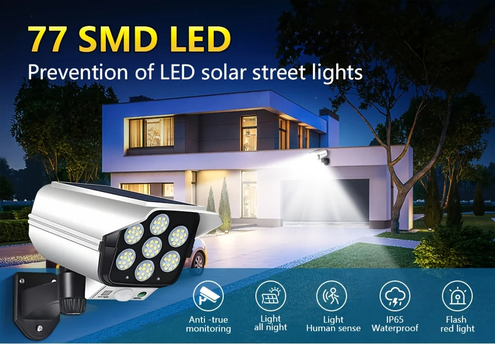 Outdoor Motion Sensor Solar Lights 2000 Lumen 77 LED With Remote Controller Fake Security Camera Monitoring Induction Wall Lamps