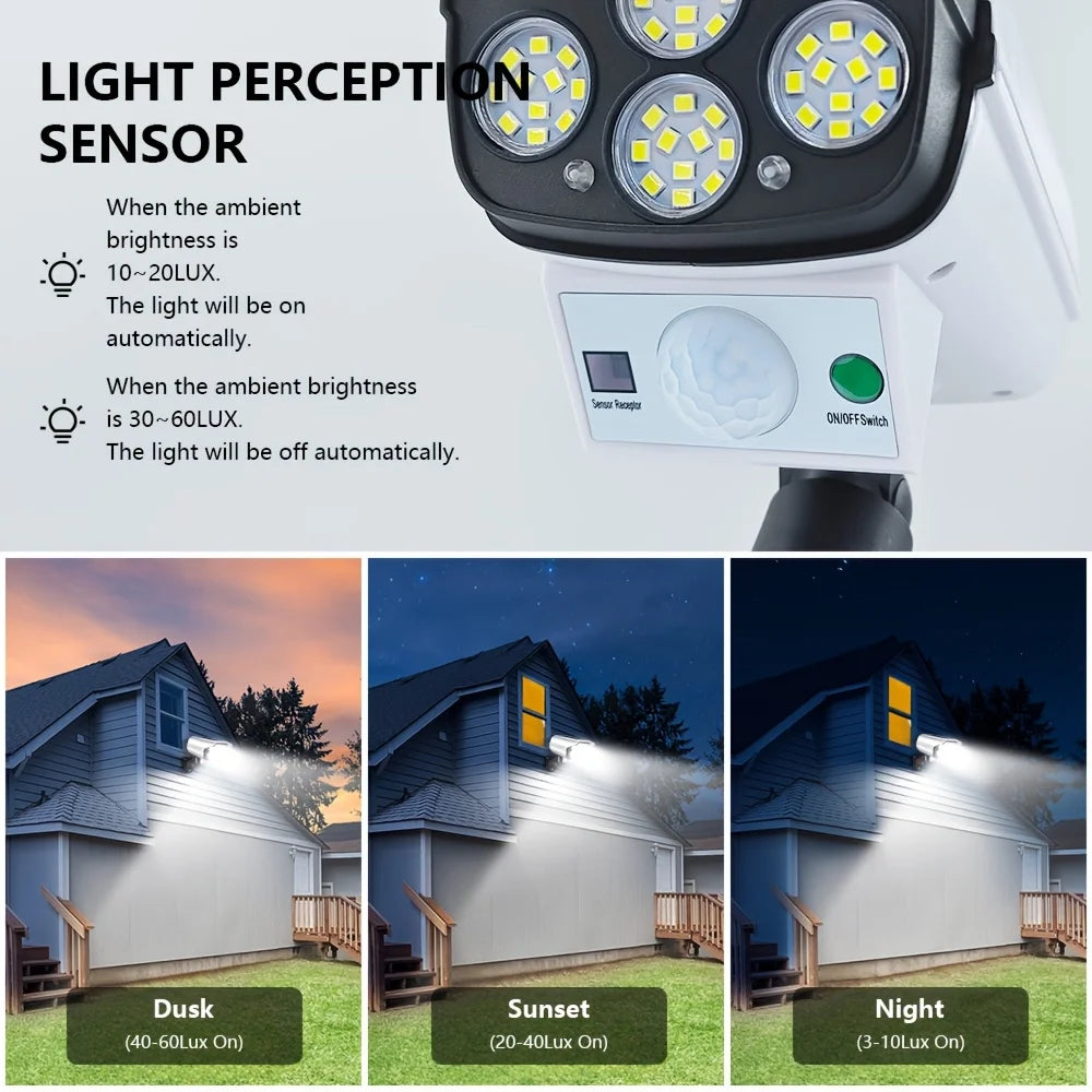 Outdoor Motion Sensor Solar Lights 2000 Lumen 77 LED With Remote Controller Fake Security Camera Monitoring Induction Wall Lamps