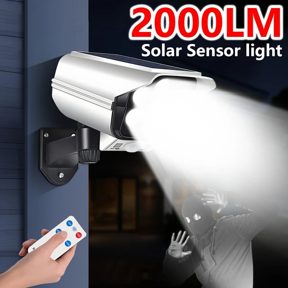 Outdoor Motion Sensor Solar Lights 2000 Lumen 77 LED With Remote Controller Fake Security Camera Monitoring Induction Wall Lamps