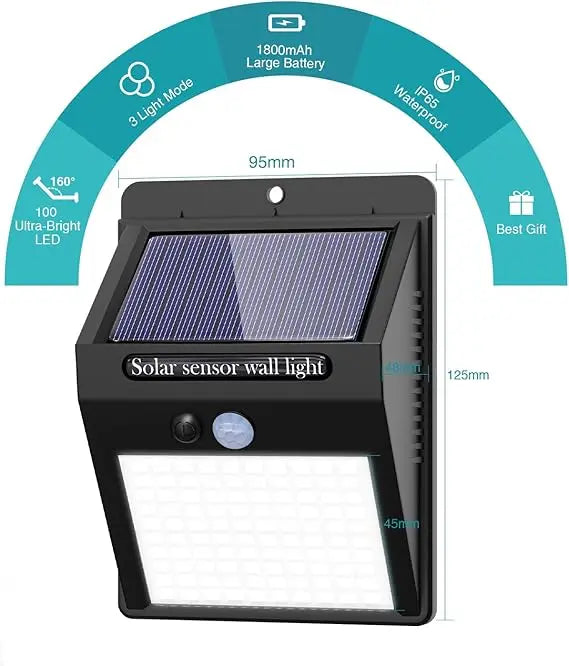 Outdoor Solar Motion Lights - 3 Modes/100LED Wireless, IP65 Waterproof Solar Security Lights with Motion Sensor for Front Door,